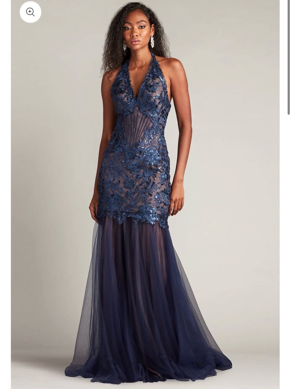 NWT Tadashi Shoji Navy Halter Sequined Tulle Lace Appliqué Mermaid Gown